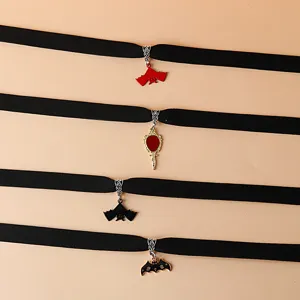 Halloween black velvet choker necklace set with bat and mirror pendants for gothic style.