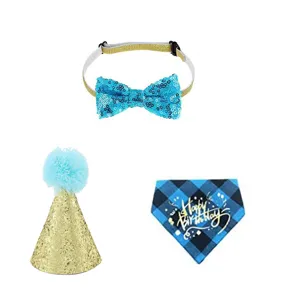 Pet birthday party set with blue sequin bow tie, gold party hat and plaid bandana.