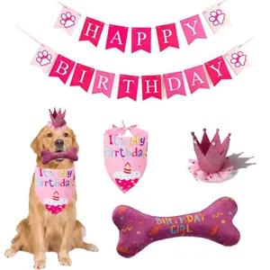 Complete dog birthday party decoration set with banner crown bandana and chew toy for pets.