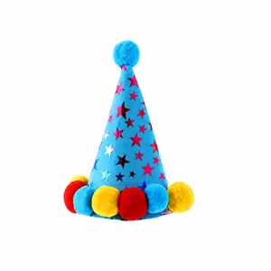 Pet birthday party cone hat with colorful stars and plush pom-poms for cats and dogs detail.