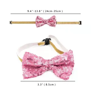 Pink sequin pet bow tie detail shot, adjustable elastic strap and sparkle bow design.