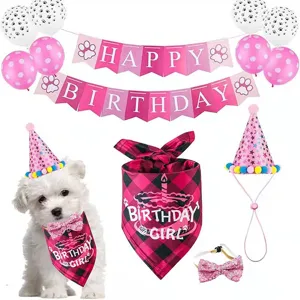 Pet birthday party decoration set with bandana hat banner balloons for dogs and cats.