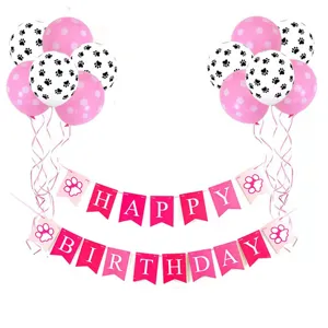 Pet birthday party decoration set with pink paw print balloons and happy birthday banners.