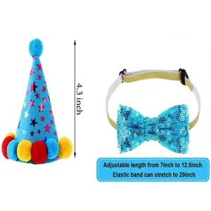Pet birthday party hat and sequin bow tie set for dogs and cats, adjustable pet costume accessories.