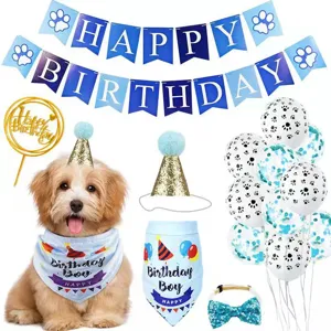 Pet birthday party decoration set with blue banner, cute hats, bandana, and balloons.