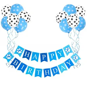 Blue pet birthday party decoration set with paw print balloons and happy birthday banner.
