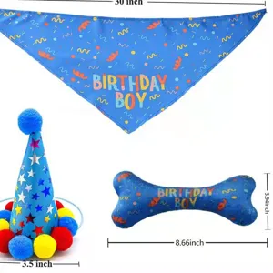 Blue pet dog birthday party set featuring cone hat bandana and plush bone toy with cute prints.