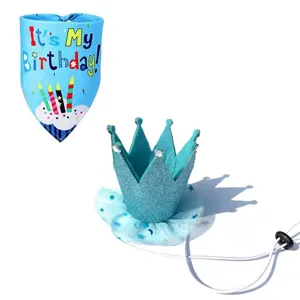 Pet birthday party costume set, blue glitter crown hat and cute printed triangle bandana scarf.