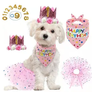 Cute pet birthday party set with pink crown hat, bandana and tutu skirt for dogs.