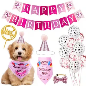 Complete pet dog birthday party decoration set with cute bandana hat banner and balloons.