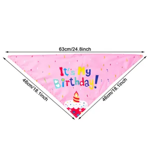 Pink pet birthday bandana with cute cake print, soft triangular scarf for dogs and cats party.