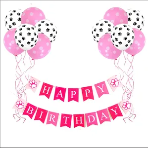 Pet dog cat birthday party decoration set with pink polka dot balloons and happy banner flags