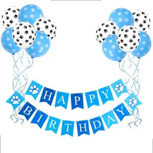 Pet birthday party decoration set with blue polka dot balloons, paw print balloons and banner.