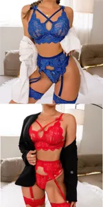 Sexy Spitzen-Lingerie-Set für Damen mit Neckholder-BH, Strapsgürtel und passendem Höschen.