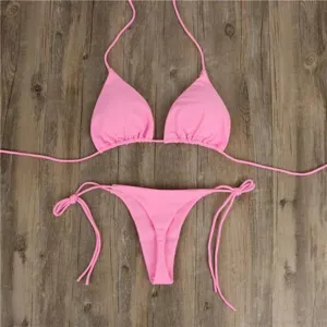 Roze sexy tweedelig bikini set voor vrouwen zomer strand badmode halter touwtjes.