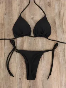 Sexy black two-piece bikini swimsuit for women, featuring adjustable halter neck and tie briefs.