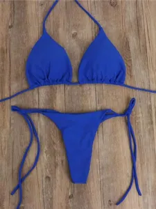 Sexy blue split bikini swimsuit with thin straps, perfect for summer beach and pool parties.