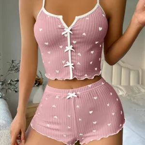 Set pigiama spalline costine stampa cuore rosa con fiocchi e bordo contrasto donna.