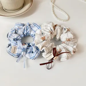 Korean fresh plaid bear print hair scrunchies with cute bows and pearls for women daily wear