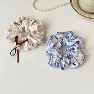 Korean fresh style plaid bear print hair scrunchies set, elegant hair accessories for women.