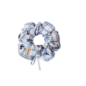 Korean style blue plaid hair scrunchie with cute bear print, ribbon and pearl for women daily hair styling.