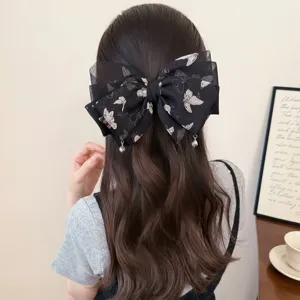 Molletta per capelli nera in rete stile retrò coreano con grande fiocco e ciondolo elegante
