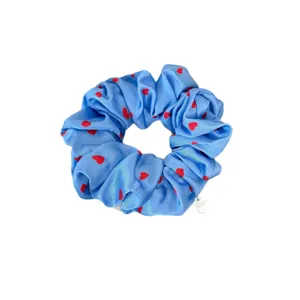 Korean sweet blue pleated hair scrunchie with red heart pattern, ideal for daily ponytails.