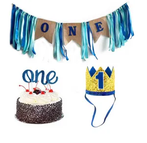 Baby 1st birthday party decoration set with burlap banner, crown hat, and cake topper.