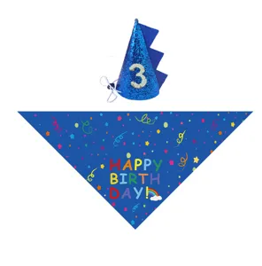 Detail shot of pet birthday hat with number three and festive blue triangular bandana scarf.