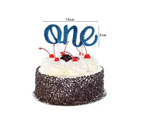 Blue glitter one cake topper for first birthday party celebration, baby boy cake decoration.