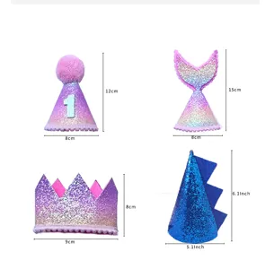 Glitter gradient pet birthday hats set, mermaid crown and cone hat with dimensions.