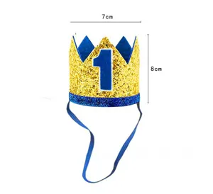 Baby 1st birthday blue gold crown hat party decoration photo prop headwear 8cm tall