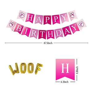 Pet dog birthday party banner and gold foil balloon set with cute paw print pennants.
