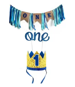 1st Birthday Party Decorations Blue Burlap Banner Glitter Crown Hat Cake Topper Boy Set