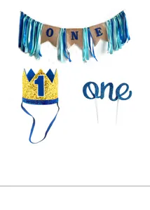 One year old baby birthday party decoration set including banner crown hat and cake topper.