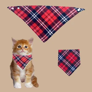 Classic plaid pet bandana for dogs and cats, adjustable snap buttons red navy scarf bib.