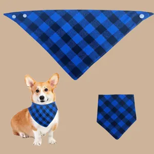 Blue and black plaid pet bandana for dogs and cats, adjustable collar with secure snaps.