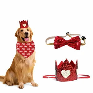 Pet Valentine Day Red Sequin Crown Hat Heart Triangle Bib Collar Set Dog Cat Holiday Party Dress Up Accessories