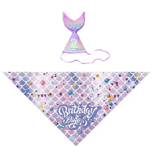 Pet birthday bandana and hat set, sparkly mermaid tail sequin design for cat and dog party decor