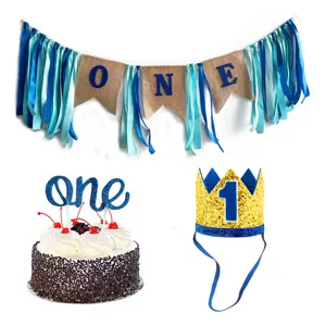 1st birthday party decoration set including burlap banner cake topper and crown hat.