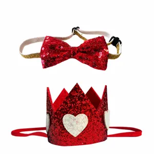 Valentine pet sequin bow tie and crown hat set for dogs cats cute holiday dress up costume