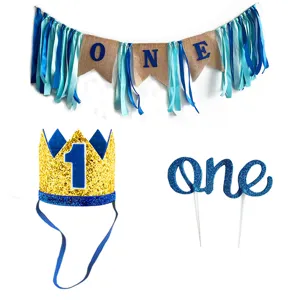 1st birthday party decorations set with blue burlap banner crown hat and cake topper