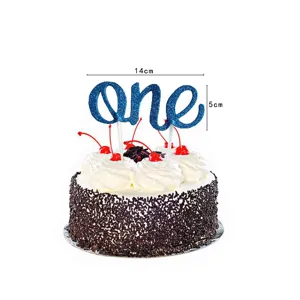 Blue glitter one cake topper for baby first birthday party cake decoration and dessert supply.