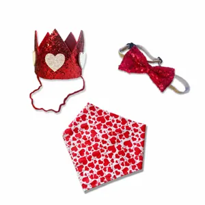 Valentine's Day red sequin pet crown bow tie and heart pattern bandana party set for dogs.