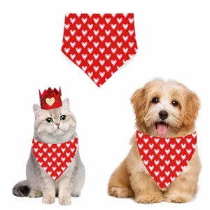 Valentine's day pet bandana and crown hat set with cute red heart print for cats and dogs.