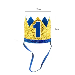 Blue gold glitter 1st birthday crown hat for baby boy party, cute photo prop and headwear.