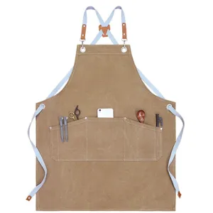Thickened Canvas Apron For Women Kitchen Coffee Shop Workwear Adjustable Cross Strap Solid Color Chef Apron