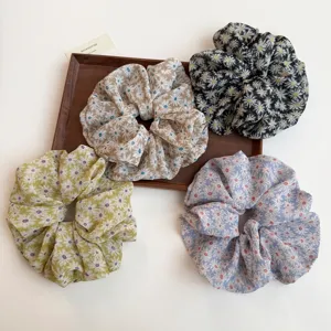 Pastoral Style Daisy Floral Print Mesh Scrunchie High Elastic Hair Tie For Women Sweet Hair Accessories Handmade Headwear