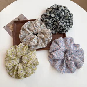 Chiffon daisy floral print hair scrunchies, elegant hair ties for women and girls daily wear.