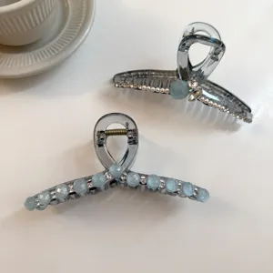 Gros plan de pinces à cheveux grises transparentes ornées de superbes strass brillants.